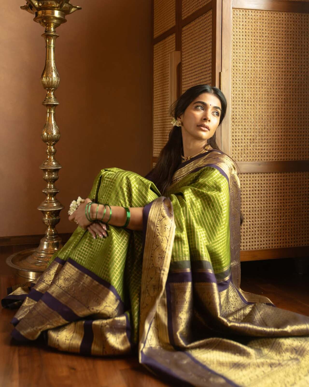 In this stunning green and gold Kanjeevaram saree, Pooja channels timeless South Indian elegance. The intricate zari borders and lustrous silk make it a classic choice for Diwali celebrations 